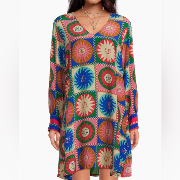 Johnny Was Lionora V-Neck Silk Swing Slip Dress Long Sleeve Sun Print NWT $378 - Picture 2 of 16